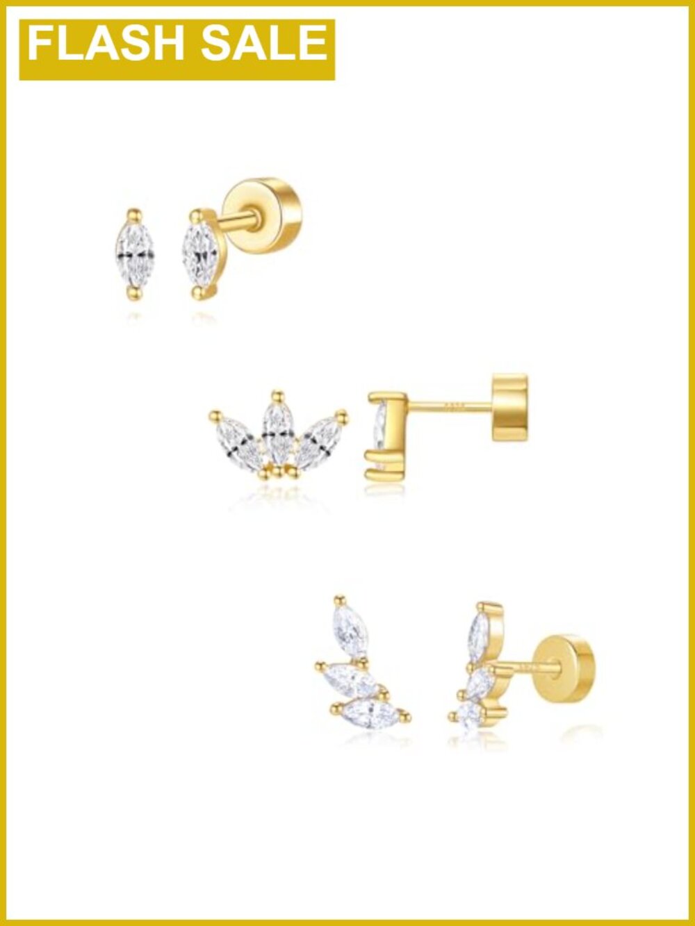 Flat Back Earrings Set for Women, Hypoallergenic Sterling Silver Stud Earrings,